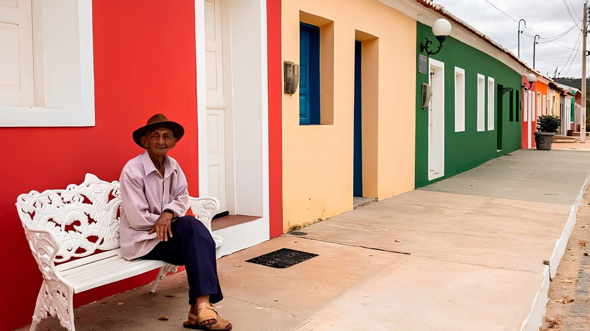 Morador sentado em um banco branco de ferro diante dos casarios coloridos de Caboclo, com fachadas vermelha, amarela e verde.